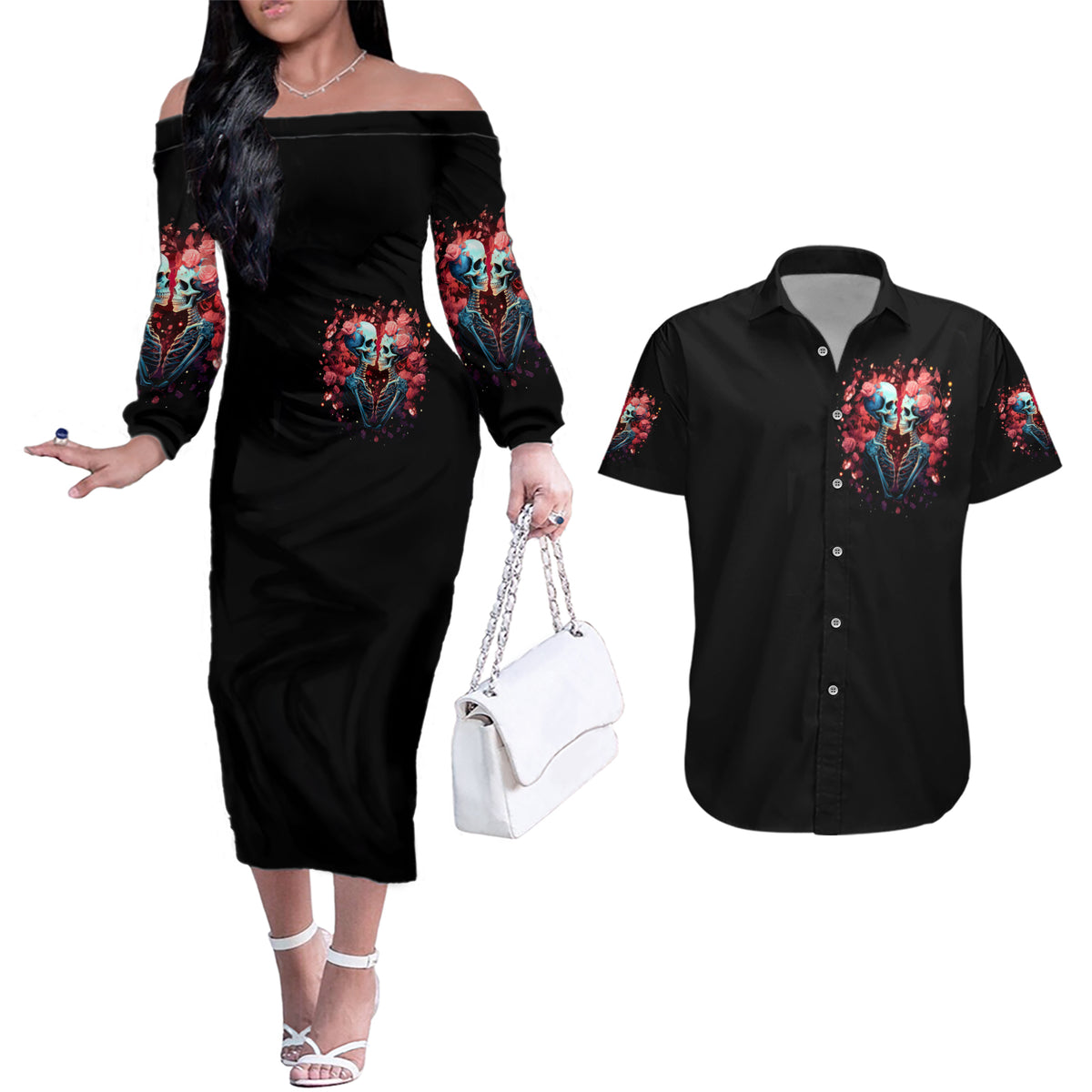 Couple Skull Couples Matching Off The Shoulder Long Sleeve Dress and Hawaiian Shirt You & Me We Got This - Wonder Print Shop