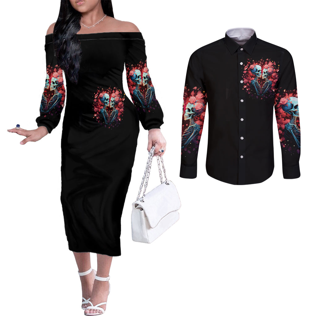 Couple Skull Couples Matching Off The Shoulder Long Sleeve Dress and Long Sleeve Button Shirt You & Me We Got This DT01