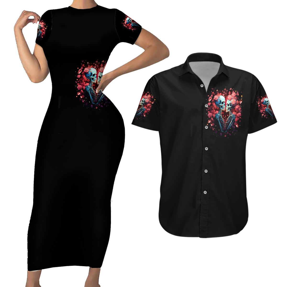 Couple Skull Couples Matching Short Sleeve Bodycon Dress and Hawaiian Shirt You & Me We Got This - Wonder Print Shop