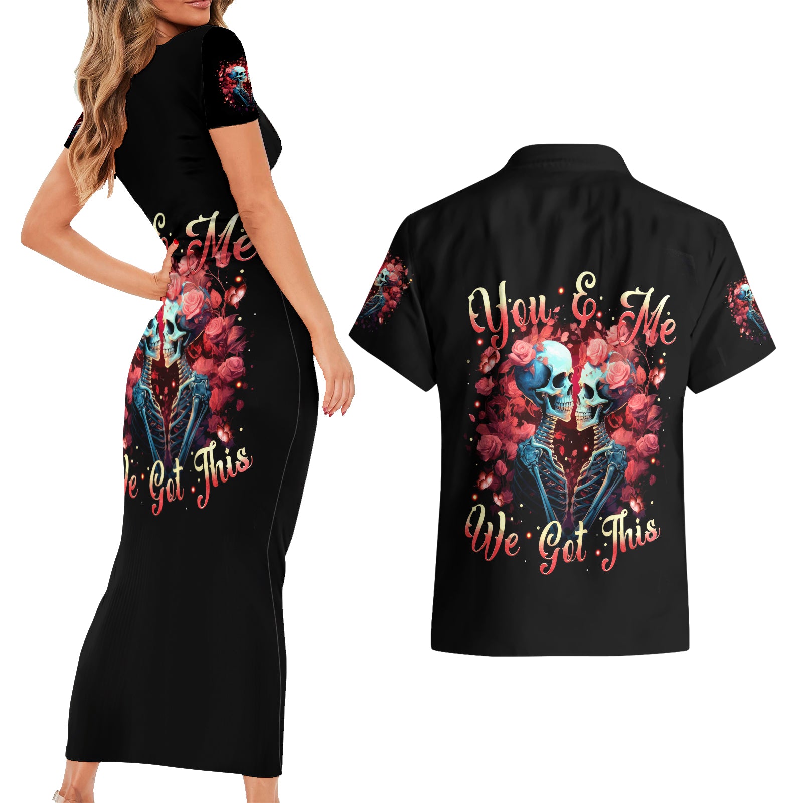Couple Skull Couples Matching Short Sleeve Bodycon Dress and Hawaiian Shirt You & Me We Got This - Wonder Print Shop