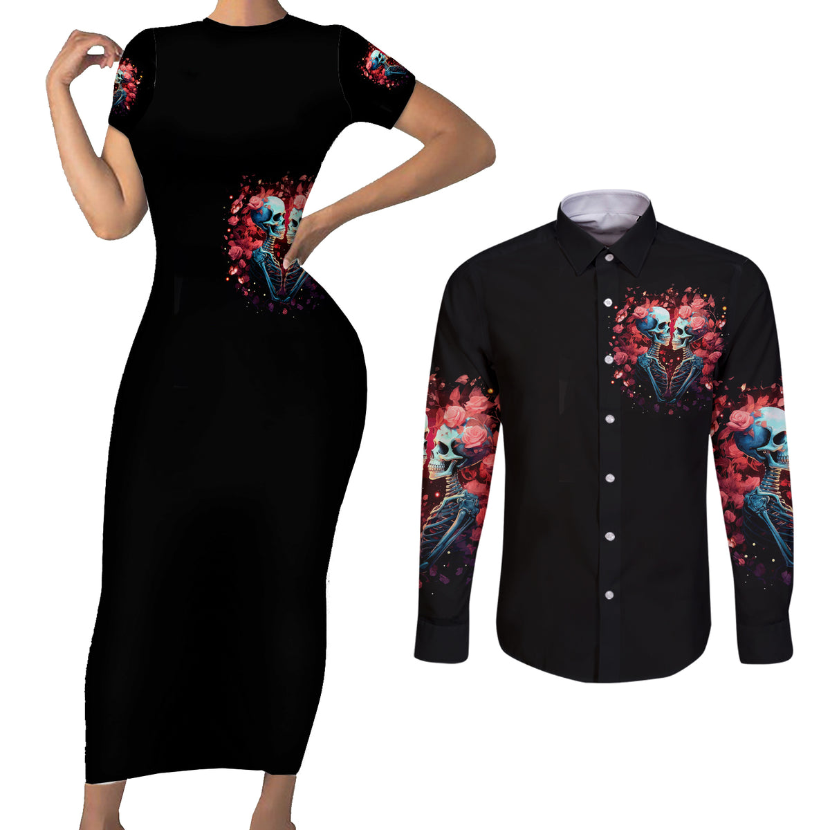 Couple Skull Couples Matching Short Sleeve Bodycon Dress and Long Sleeve Button Shirt You & Me We Got This - Wonder Print Shop