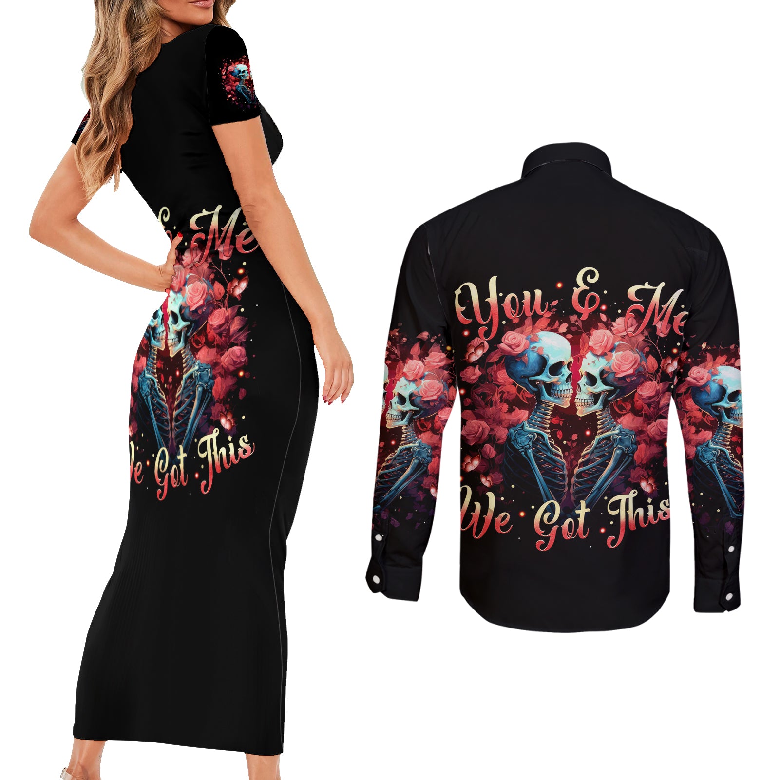 Couple Skull Couples Matching Short Sleeve Bodycon Dress and Long Sleeve Button Shirt You & Me We Got This - Wonder Print Shop