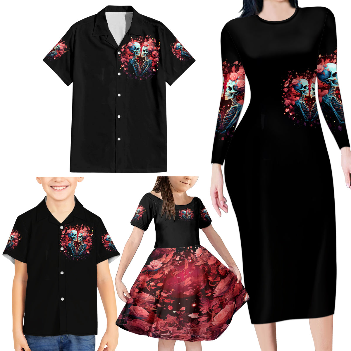 Couple Skull Family Matching Long Sleeve Bodycon Dress and Hawaiian Shirt You & Me We Got This - Wonder Print Shop