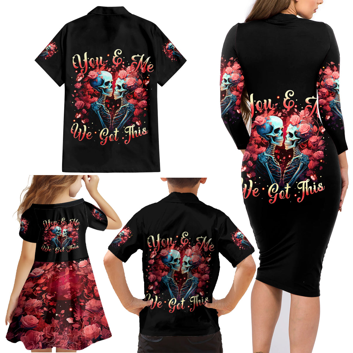 Couple Skull Family Matching Long Sleeve Bodycon Dress and Hawaiian Shirt You & Me We Got This - Wonder Print Shop
