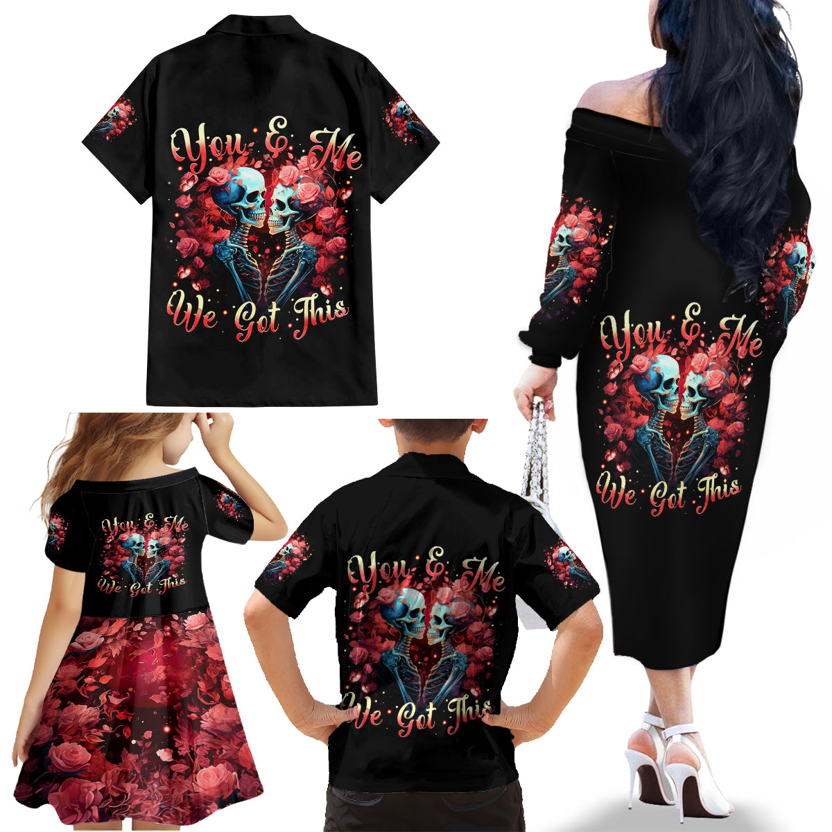 Couple Skull Family Matching Off Shoulder Long Sleeve Dress and Hawaiian Shirt You & Me We Got This - Wonder Print Shop