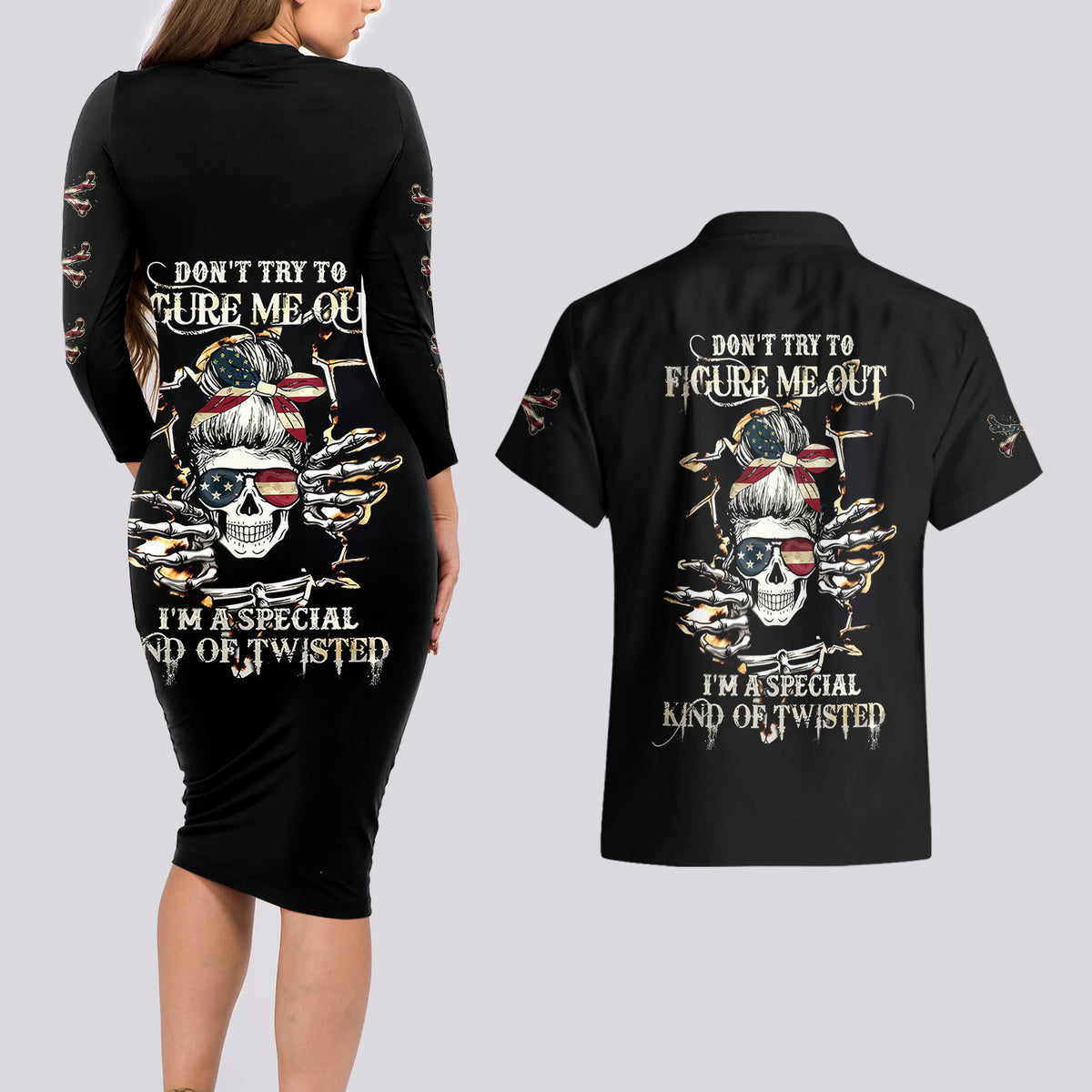 Girl Skull Couples Matching Long Sleeve Bodycon Dress and Hawaiian Shirt Don't Try To Figured Me Out I Special Kind - Wonder Print Shop