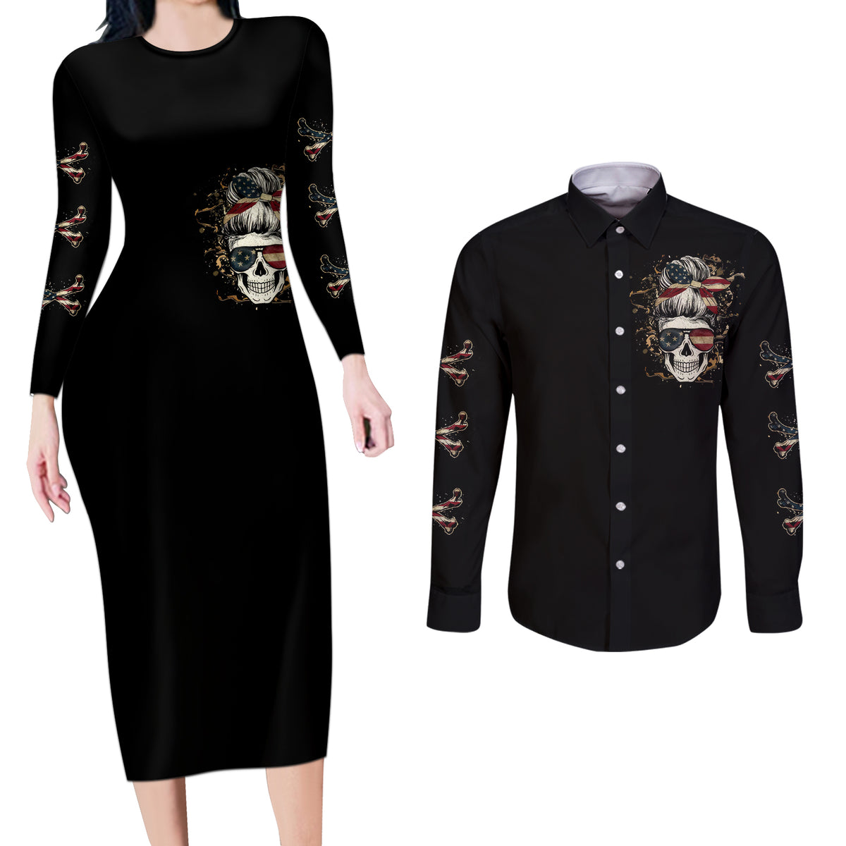 Girl Skull Couples Matching Long Sleeve Bodycon Dress and Long Sleeve Button Shirts Don't Try To Figured Me Out I Special Kind - Wonder Print Shop