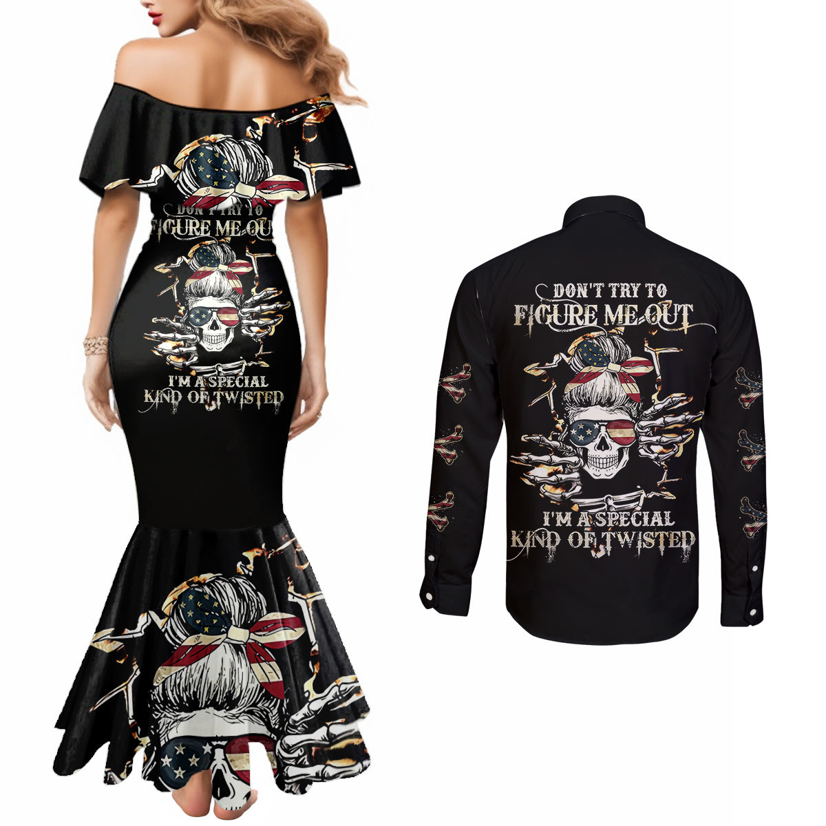 Girl Skull Couples Matching Mermaid Dress and Long Sleeve Button Shirts Don't Try To Figured Me Out I Special Kind DT01