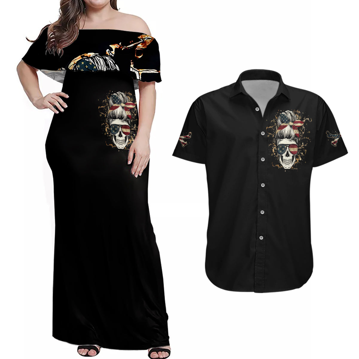 Girl Skull Couples Matching Off Shoulder Maxi Dress and Hawaiian Shirt Don't Try To Figured Me Out I Special Kind - Wonder Print Shop