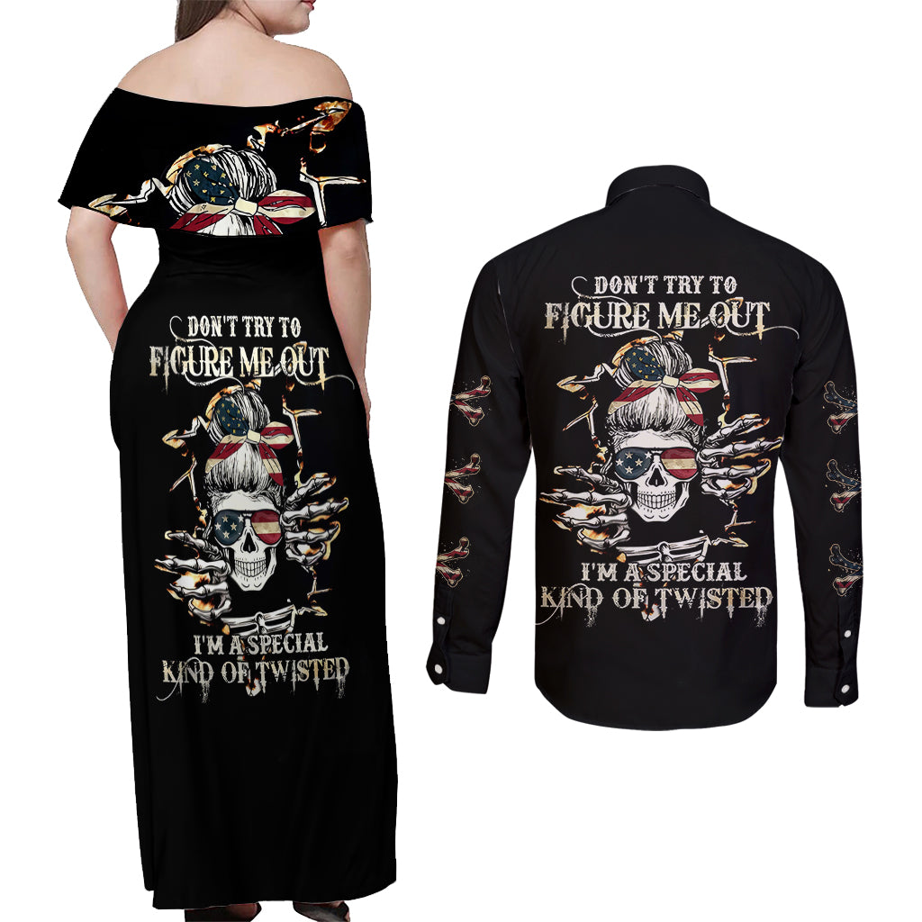 Girl Skull Couples Matching Off Shoulder Maxi Dress and Long Sleeve Button Shirts Don't Try To Figured Me Out I Special Kind - Wonder Print Shop
