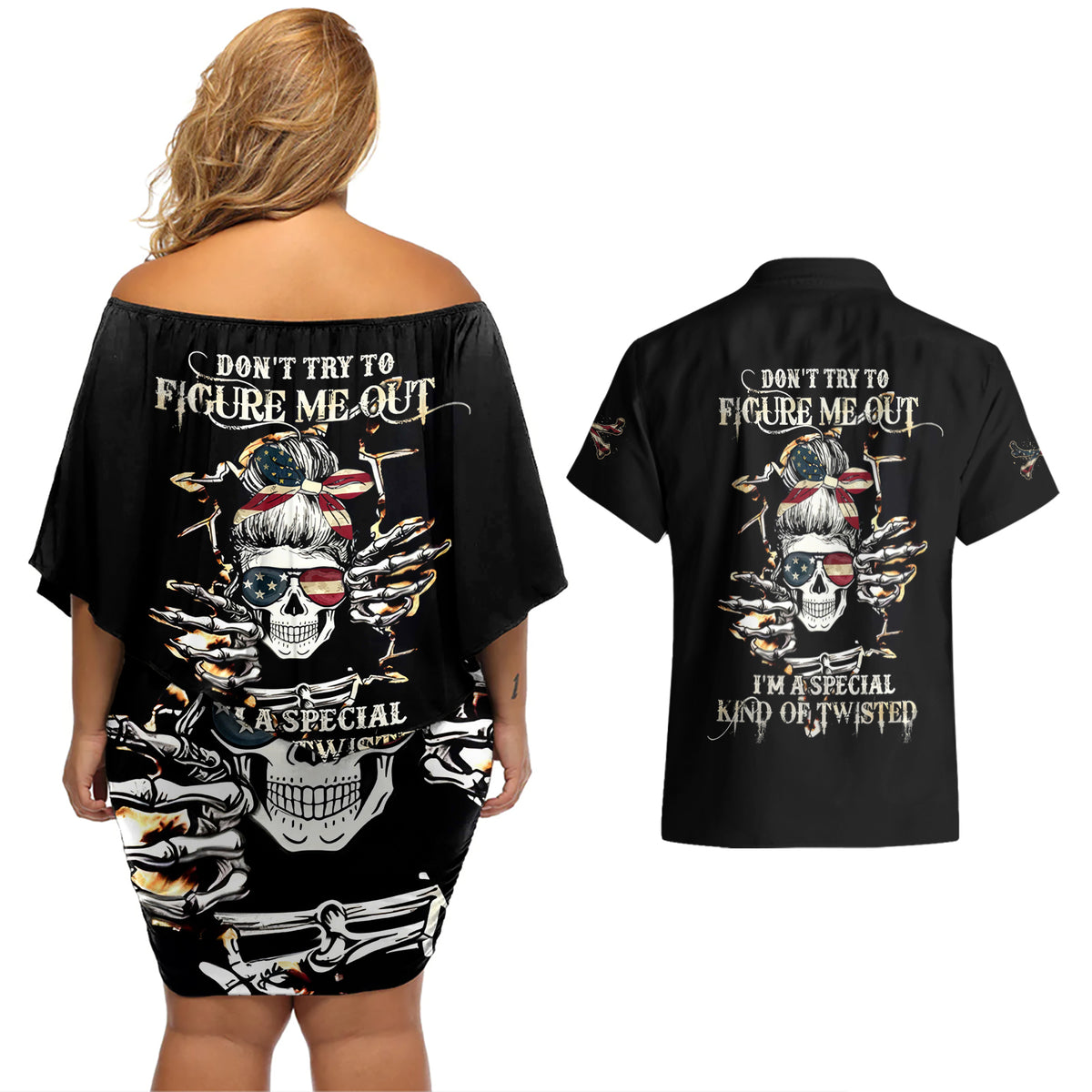 Girl Skull Couples Matching Off Shoulder Short Dress and Hawaiian Shirt Don't Try To Figured Me Out I Special Kind - Wonder Print Shop