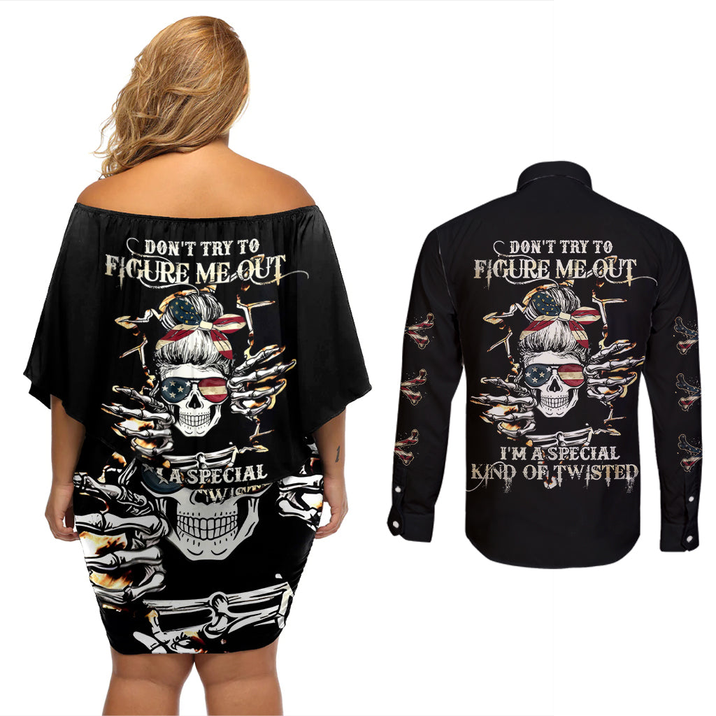 Girl Skull Couples Matching Off Shoulder Short Dress and Long Sleeve Button Shirts Don't Try To Figured Me Out I Special Kind - Wonder Print Shop