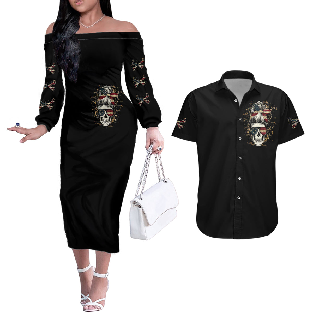 Girl Skull Couples Matching Off The Shoulder Long Sleeve Dress and Hawaiian Shirt Don't Try To Figured Me Out I Special Kind - Wonder Print Shop