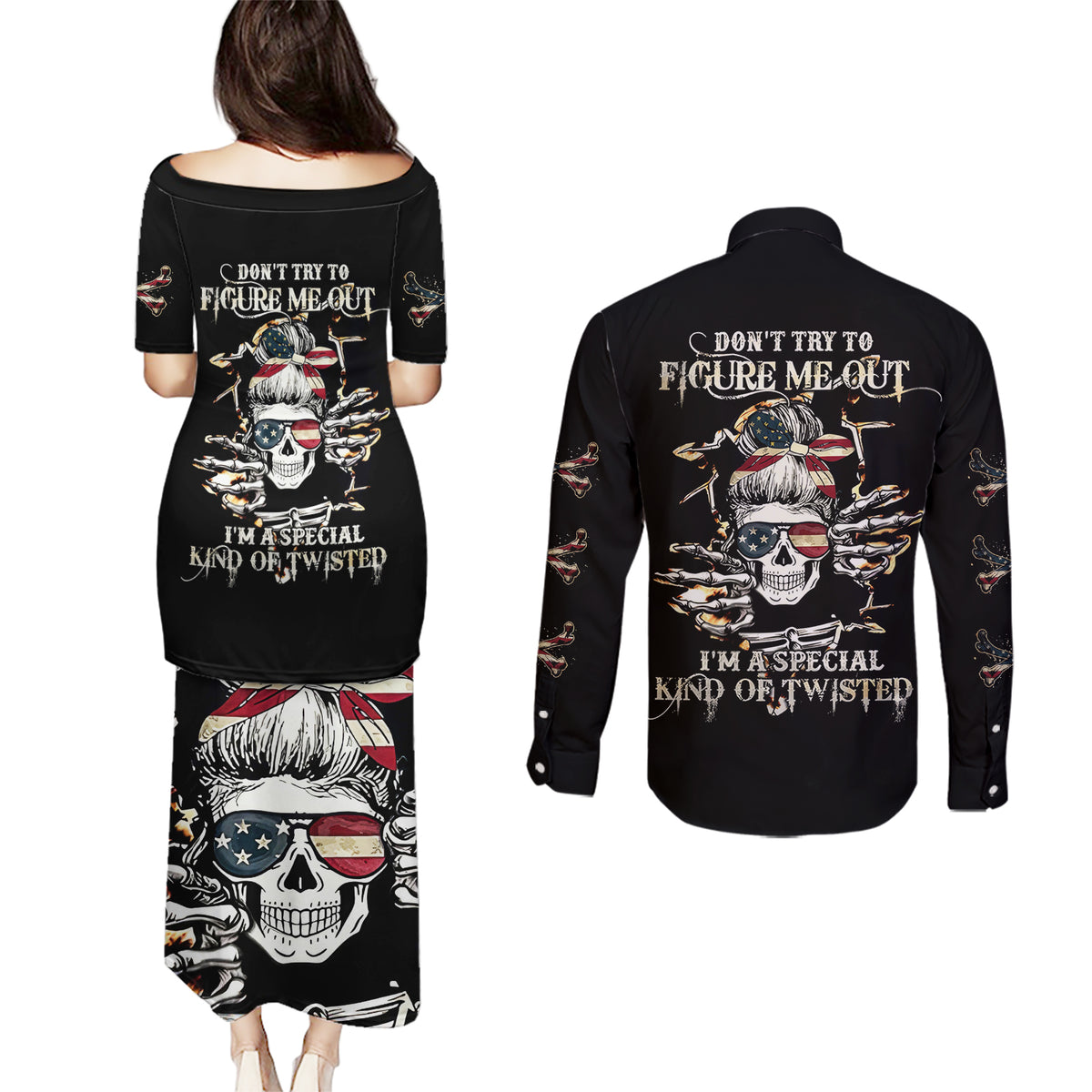 Girl Skull Couples Matching Puletasi Dress and Long Sleeve Button Shirts Don't Try To Figured Me Out I Special Kind - Wonder Print Shop