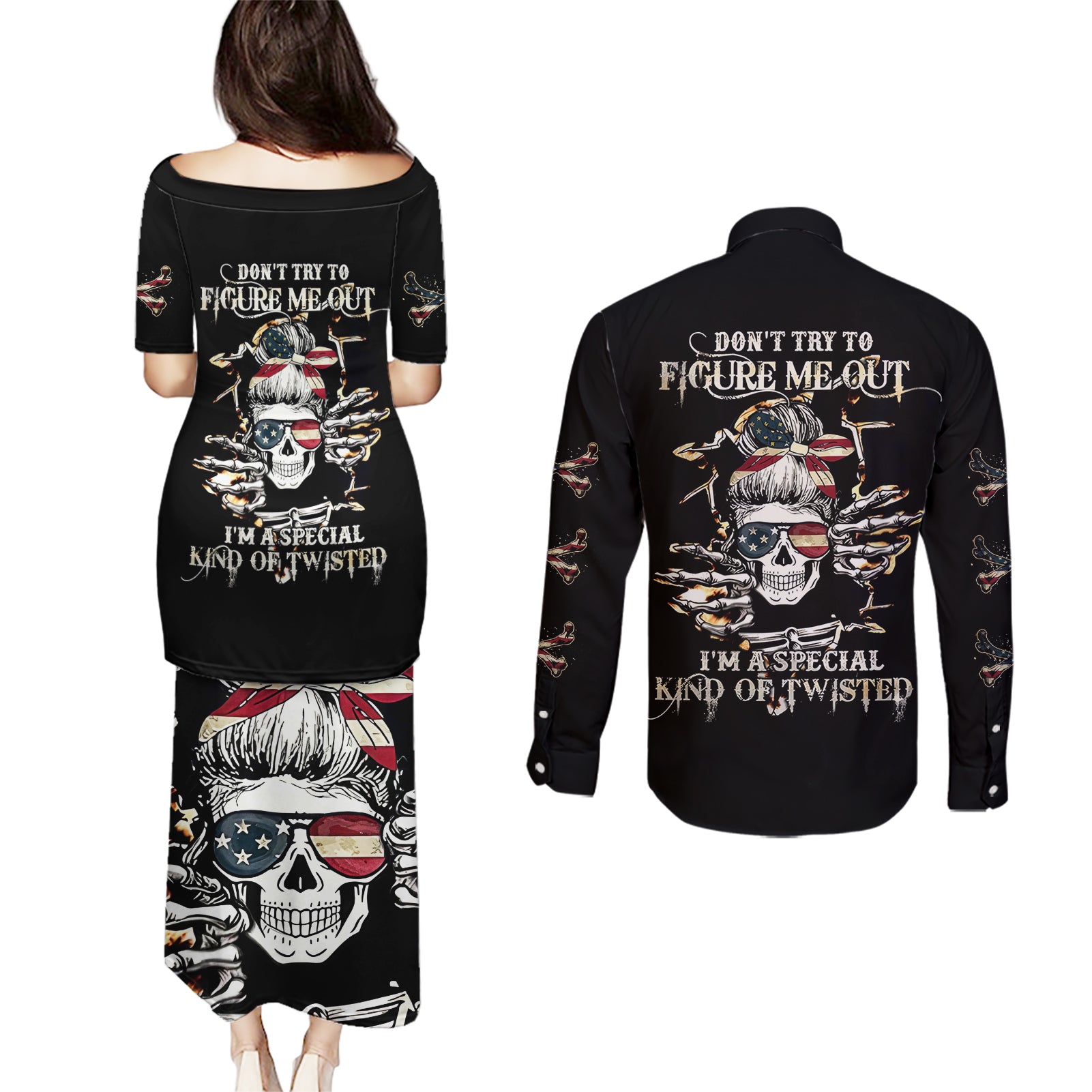 Girl Skull Couples Matching Puletasi Dress and Long Sleeve Button Shirts Don't Try To Figured Me Out I Special Kind - Wonder Print Shop