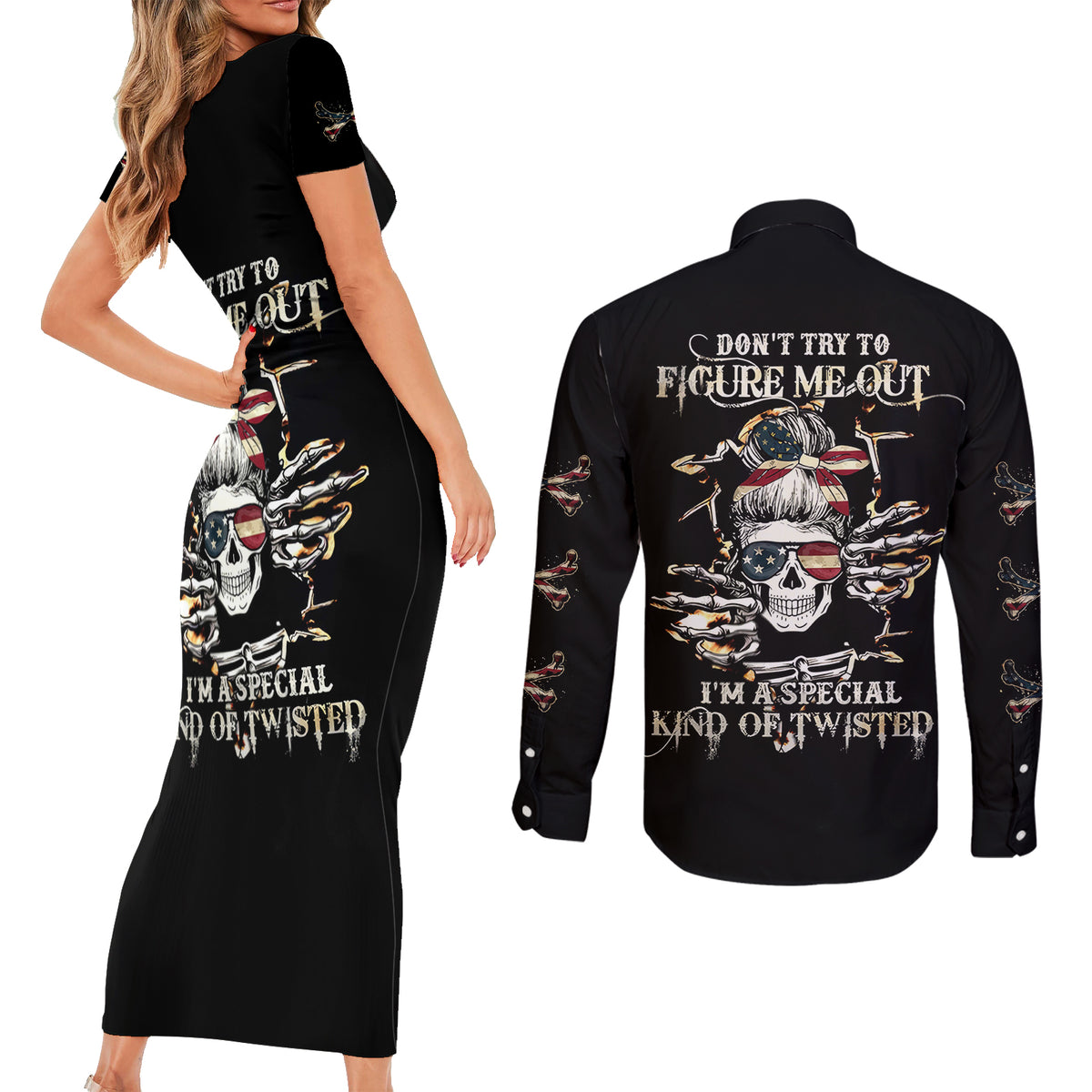 Girl Skull Couples Matching Short Sleeve Bodycon Dress and Long Sleeve Button Shirts Don't Try To Figured Me Out I Special Kind - Wonder Print Shop