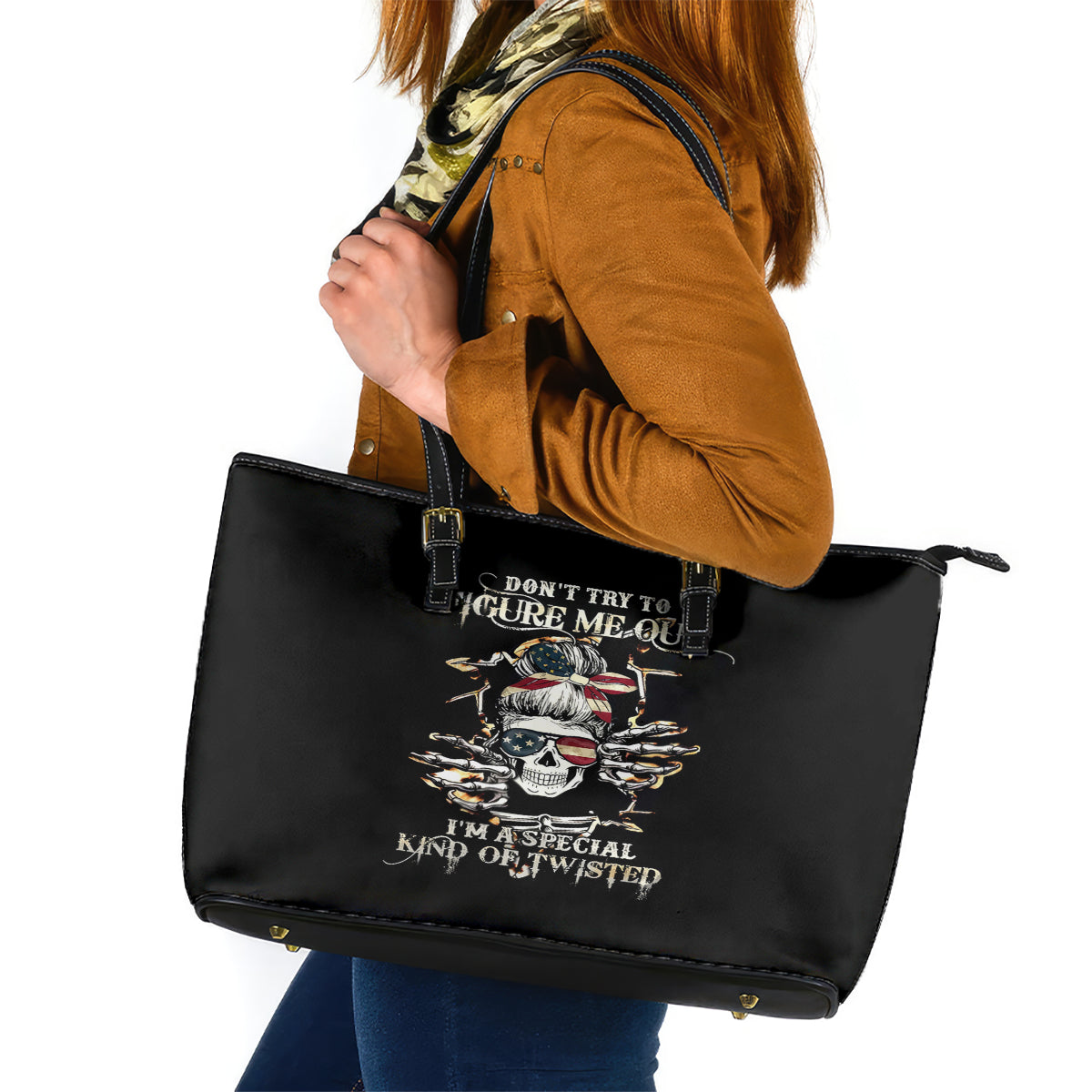 Girl Skull Leather Tote Bag Don't Try To Figured Me Out I Special Kind - Wonder Print Shop