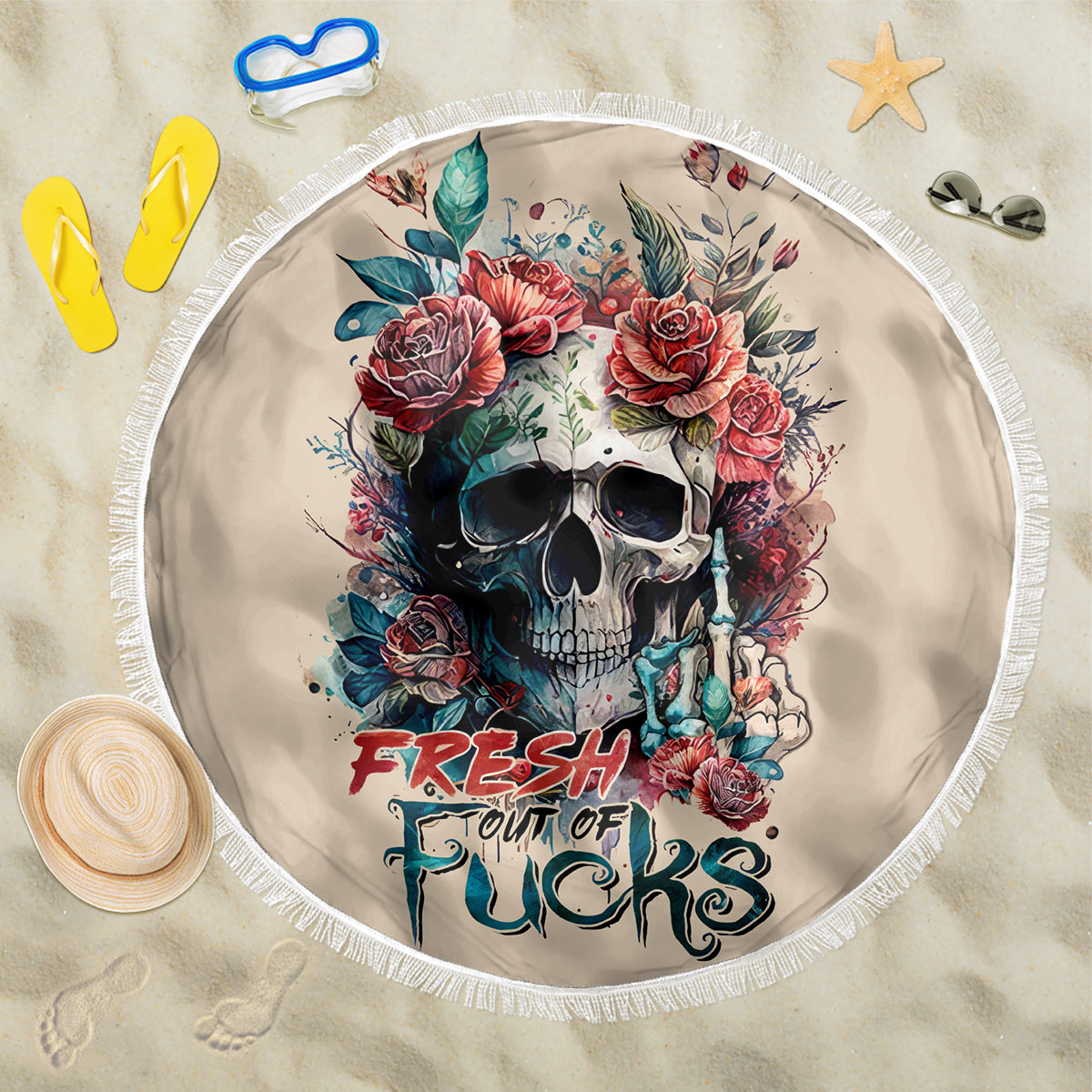 Flower Skull Beach Blanket Fresh Out Of Fuck - Wonder Print Shop