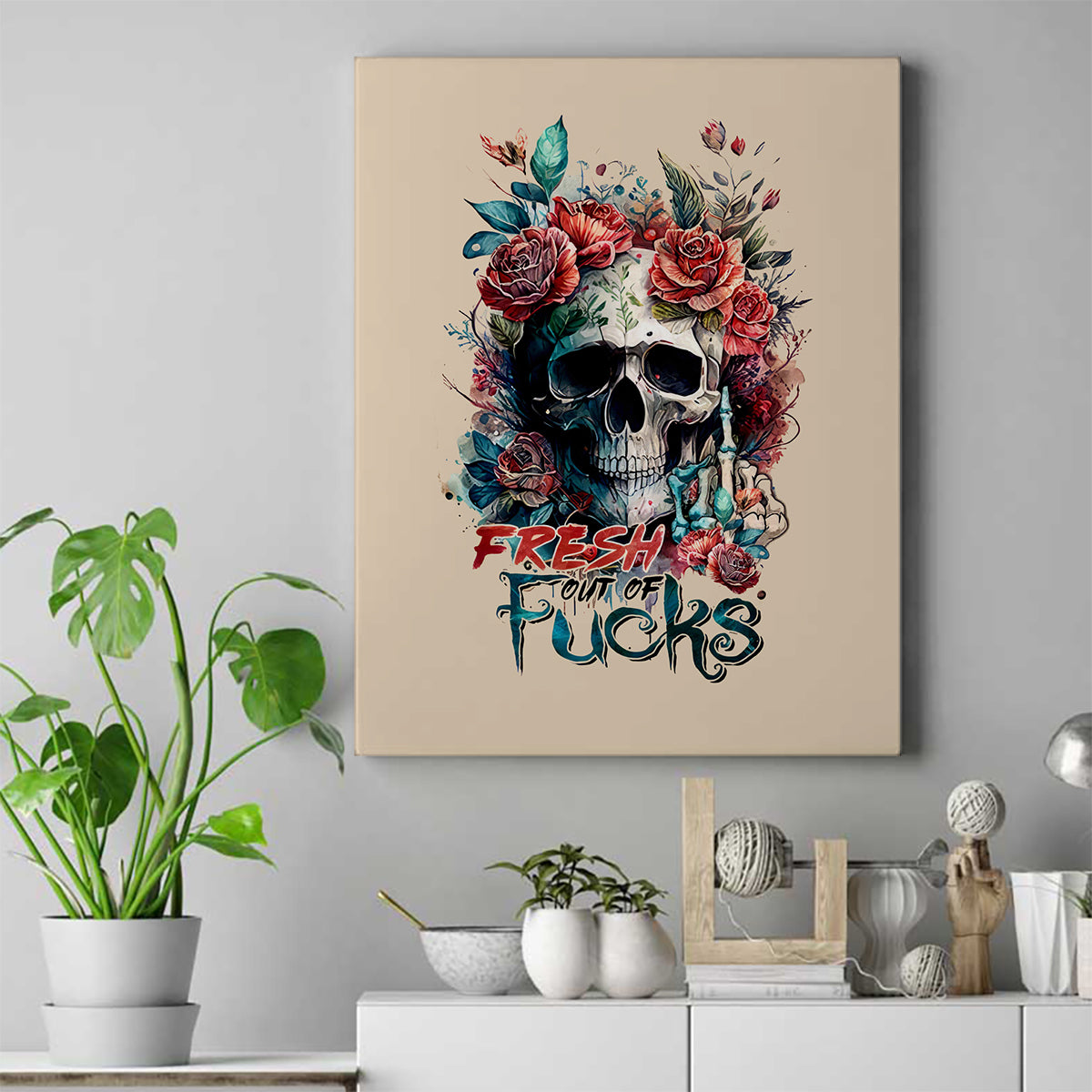 Flower Skull Canvas Wall Art Fresh Out Of Fuck - Wonder Print Shop