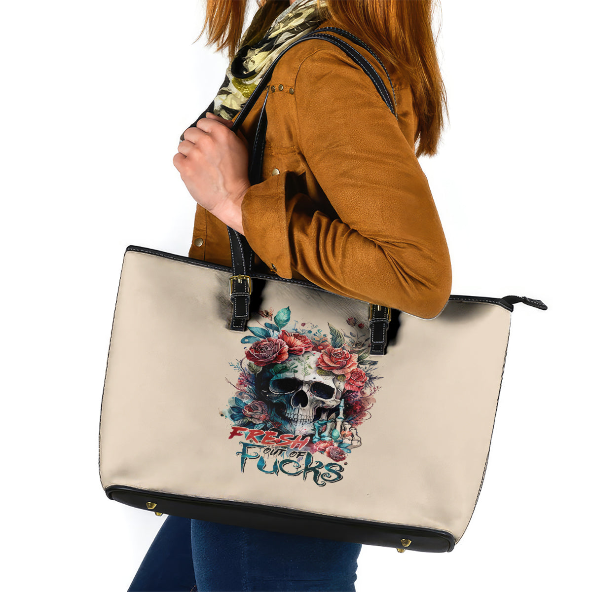 Flower Skull Leather Tote Bag Fresh Out Of Fuck - Wonder Print Shop