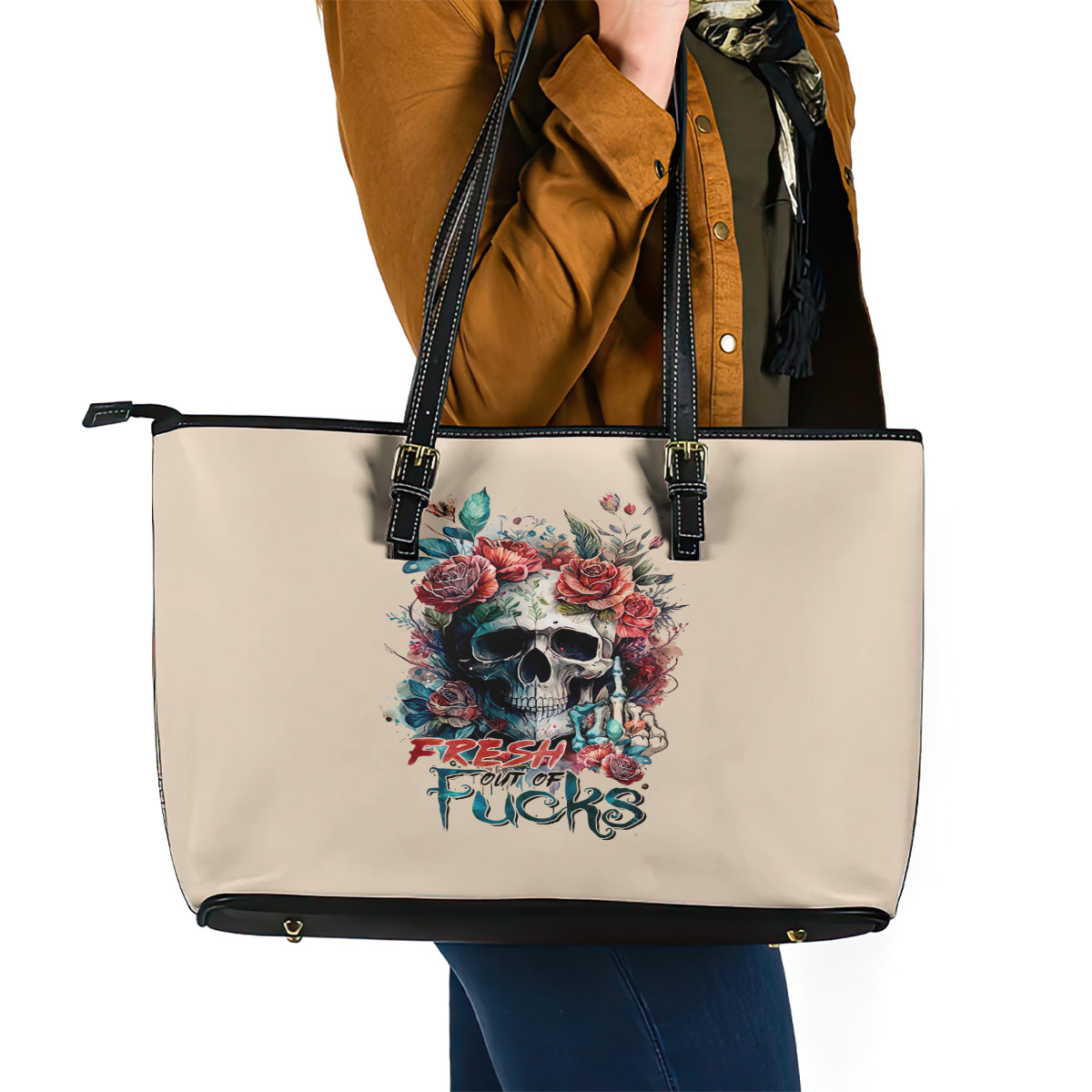 Flower Skull Leather Tote Bag Fresh Out Of Fuck - Wonder Print Shop
