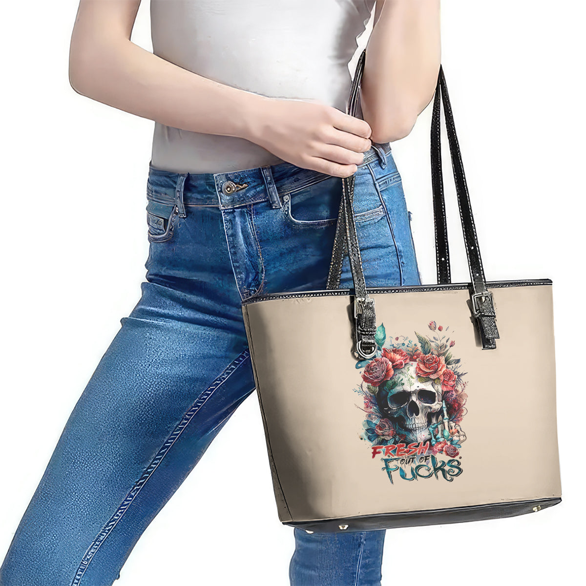 Flower Skull Leather Tote Bag Fresh Out Of Fuck - Wonder Print Shop