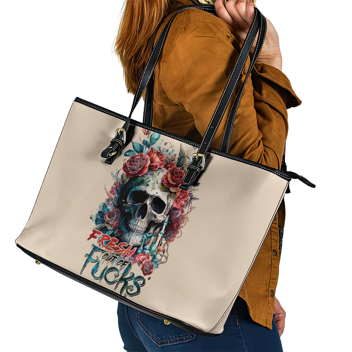 Flower Skull Leather Tote Bag Fresh Out Of Fuck - Wonder Print Shop