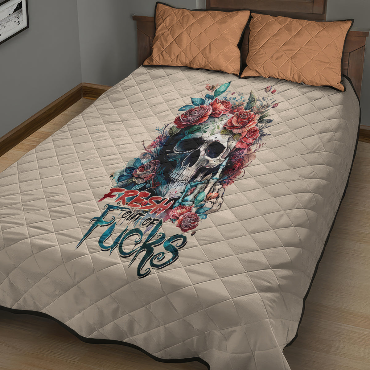 Flower Skull Quilt Bed Set Fresh Out Of Fuck - Wonder Print Shop