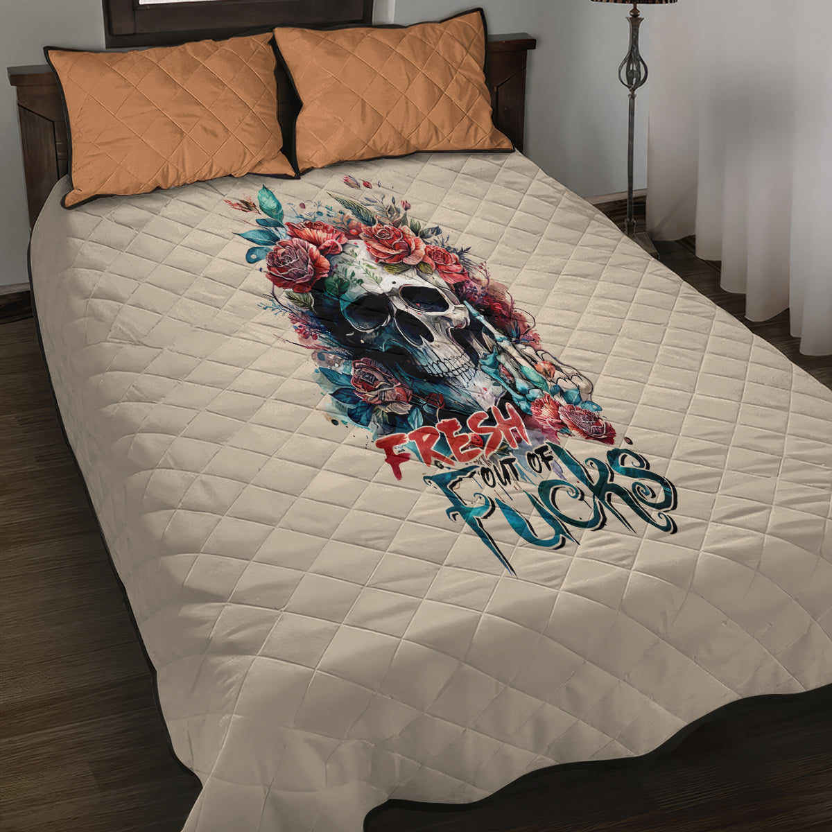 Flower Skull Quilt Bed Set Fresh Out Of Fuck - Wonder Print Shop