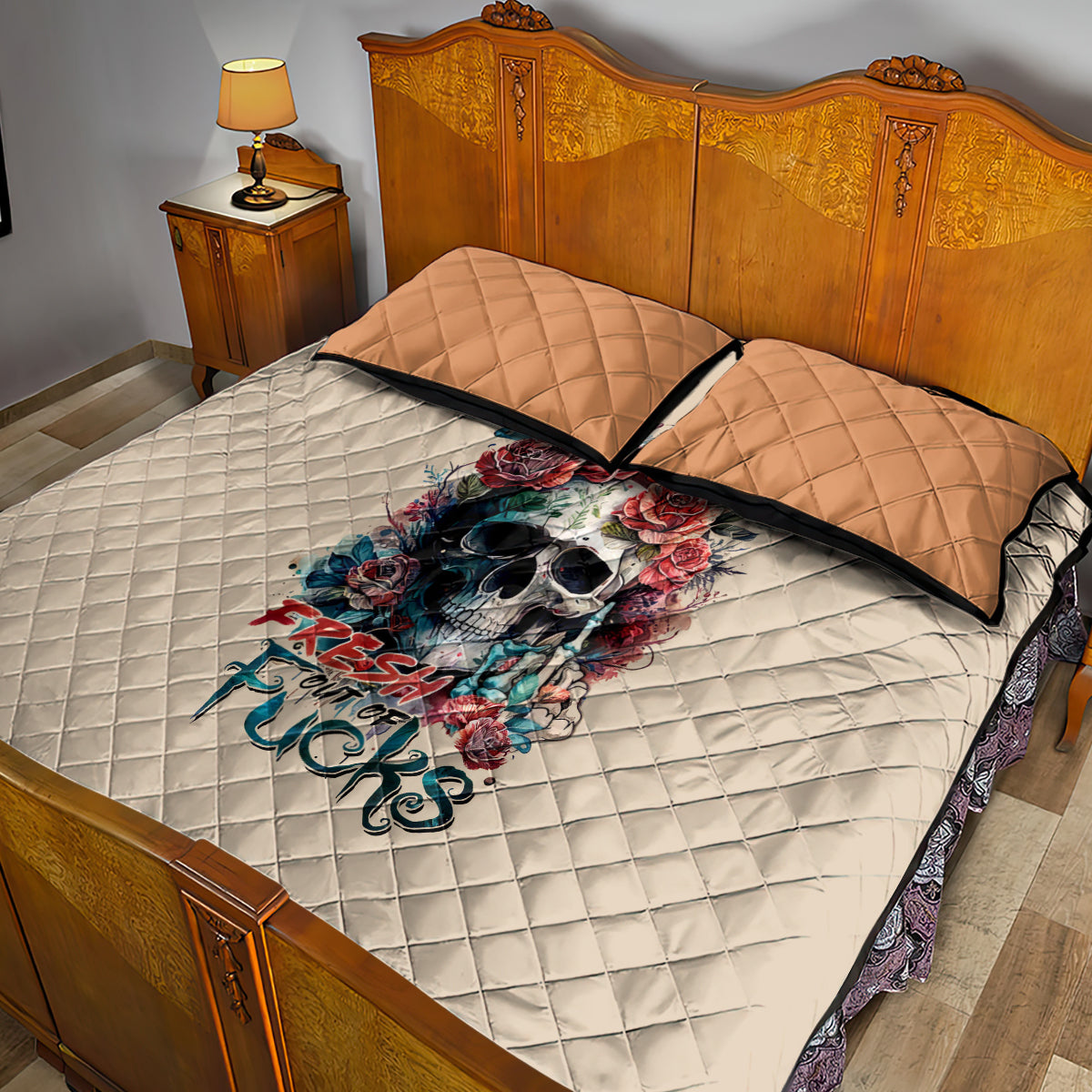Flower Skull Quilt Bed Set Fresh Out Of Fuck - Wonder Print Shop