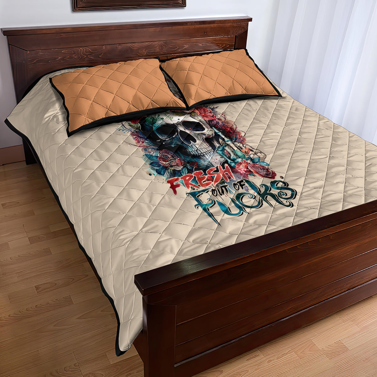 Flower Skull Quilt Bed Set Fresh Out Of Fuck - Wonder Print Shop