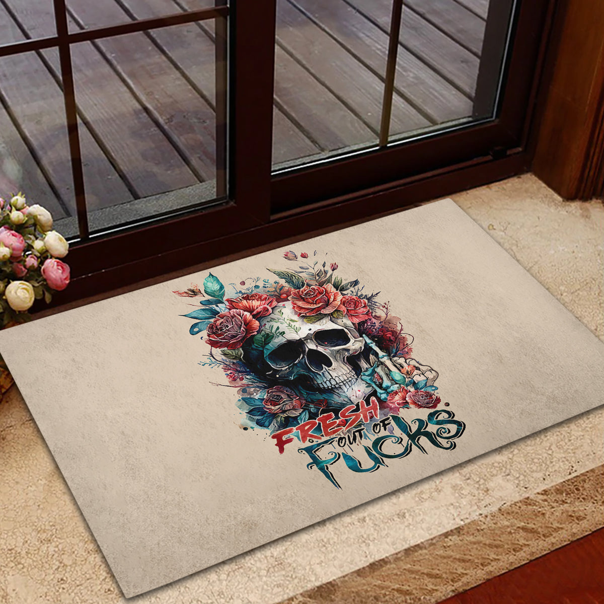 Flower Skull Rubber Doormat Fresh Out Of Fuck - Wonder Print Shop