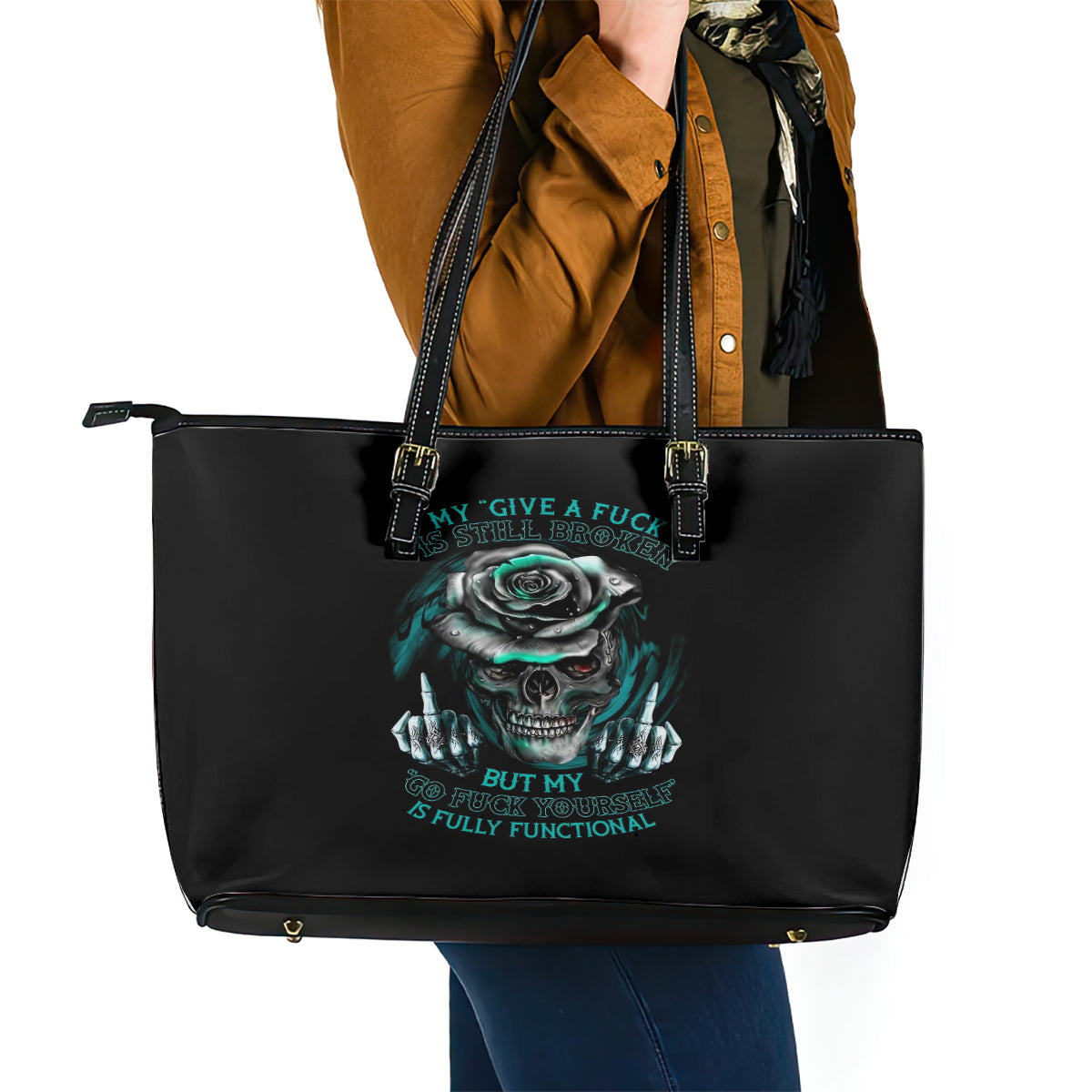 Rose Skull Leather Tote Bag Go Fuck Yourself Is Fully Functional - Wonder Print Shop