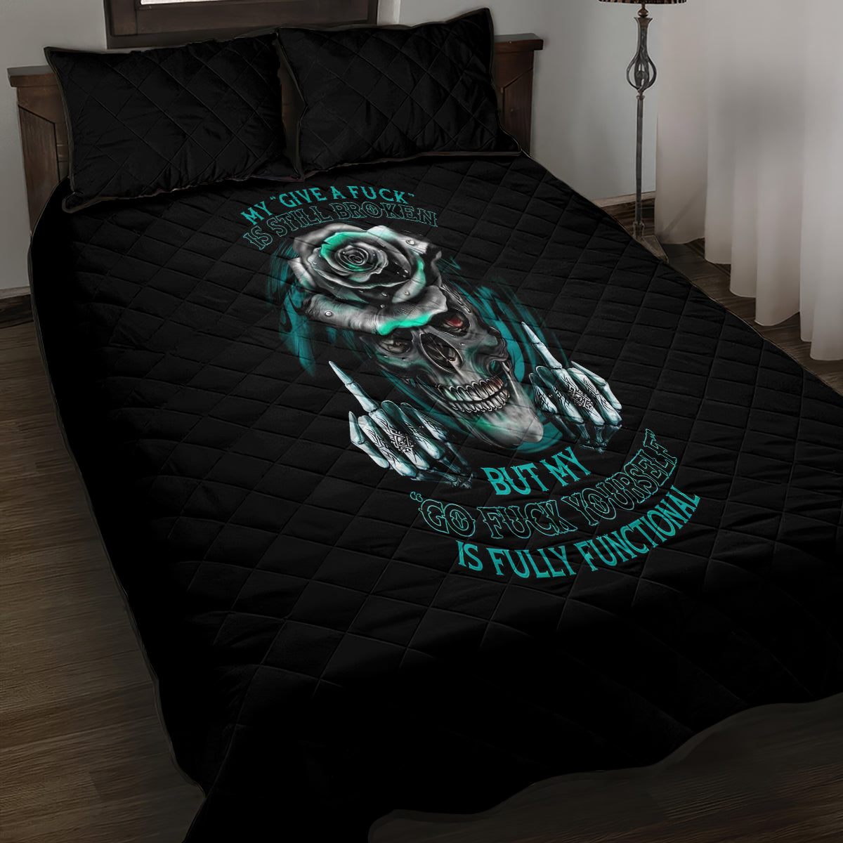 Rose Skull Quilt Bed Set Go Fuck Yourself Is Fully Functional - Wonder Print Shop