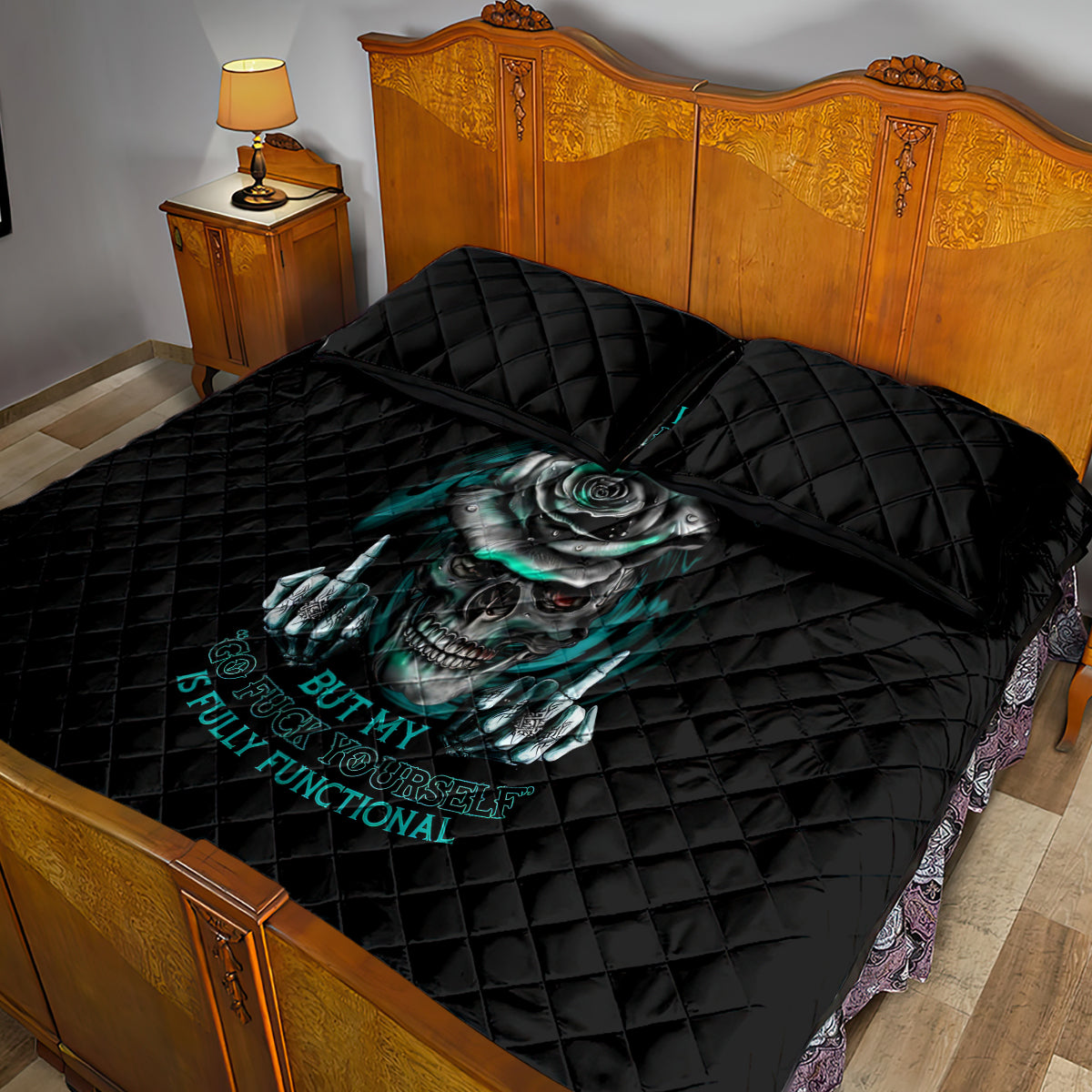 Rose Skull Quilt Bed Set Go Fuck Yourself Is Fully Functional - Wonder Print Shop
