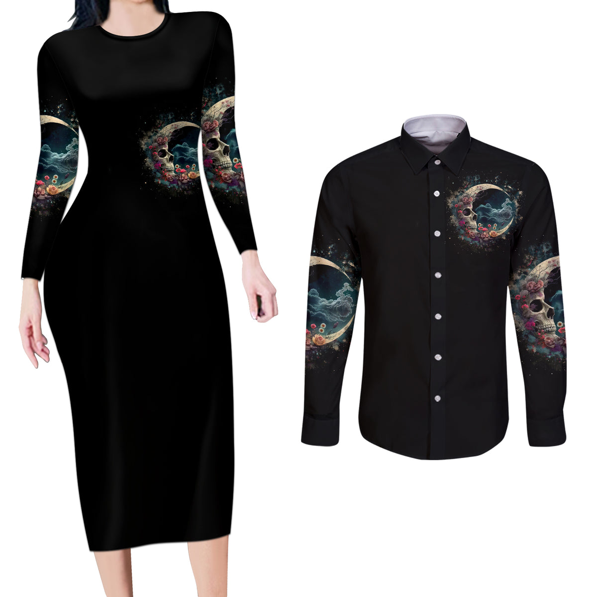 Moon Skull Couples Matching Long Sleeve Bodycon Dress and Long Sleeve Button Shirts Hello Darkness My Old Friend Moon - Wonder Print Shop