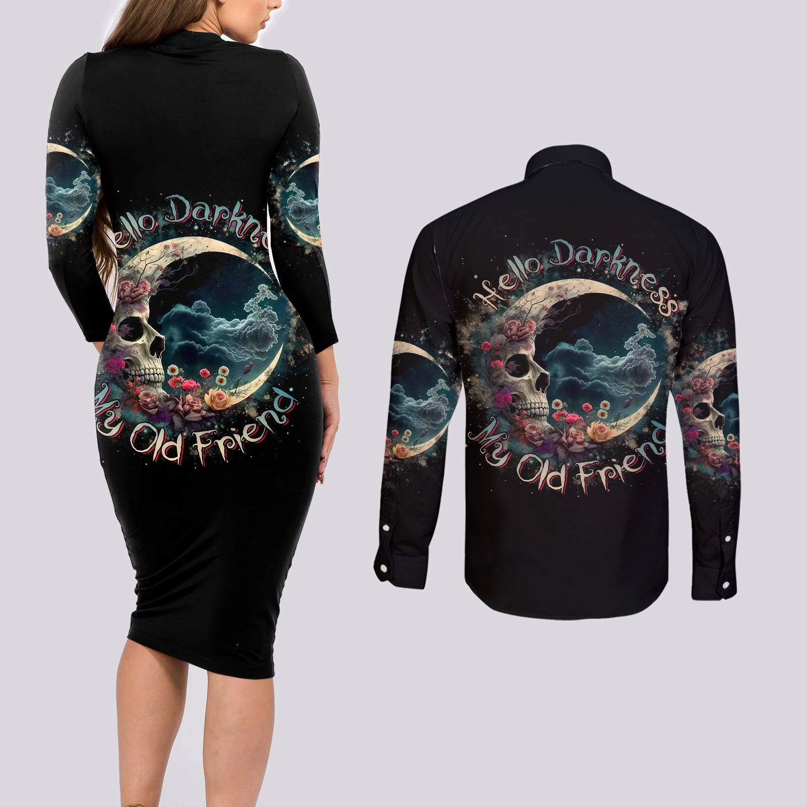 Moon Skull Couples Matching Long Sleeve Bodycon Dress and Long Sleeve Button Shirts Hello Darkness My Old Friend Moon - Wonder Print Shop