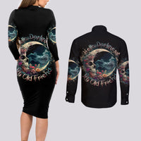 Moon Skull Couples Matching Long Sleeve Bodycon Dress and Long Sleeve Button Shirts Hello Darkness My Old Friend Moon - Wonder Print Shop