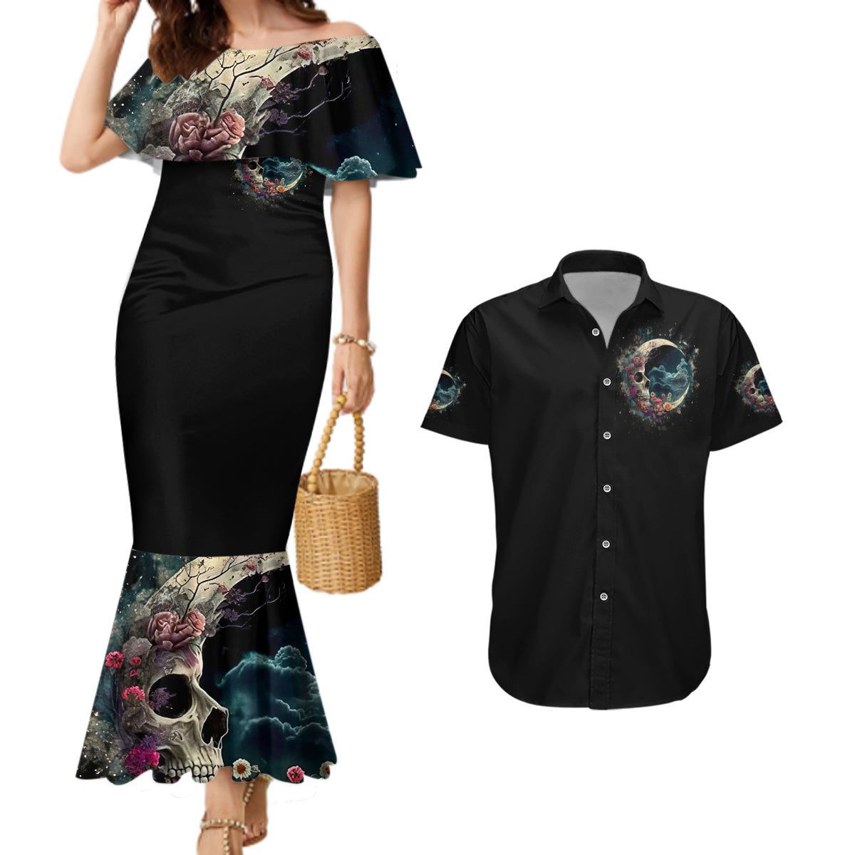 Moon Skull Couples Matching Mermaid Dress and Hawaiian Shirt Hello Darkness My Old Friend Moon - Wonder Print Shop