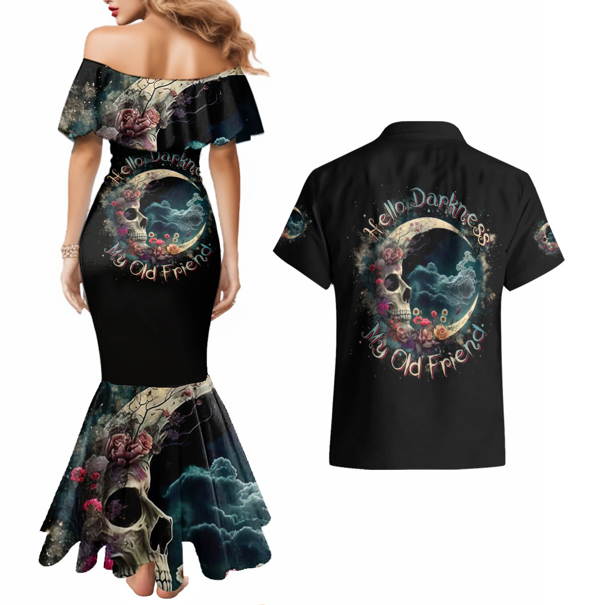 Moon Skull Couples Matching Mermaid Dress and Hawaiian Shirt Hello Darkness My Old Friend Moon - Wonder Print Shop