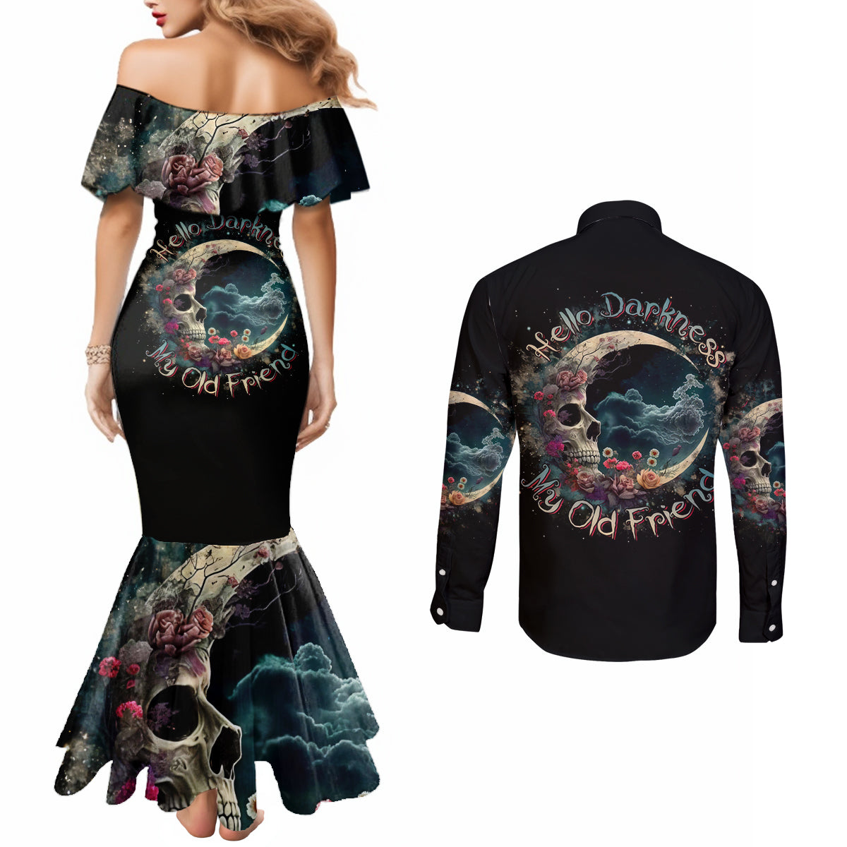 Moon Skull Couples Matching Mermaid Dress and Long Sleeve Button Shirts Hello Darkness My Old Friend Moon DT01