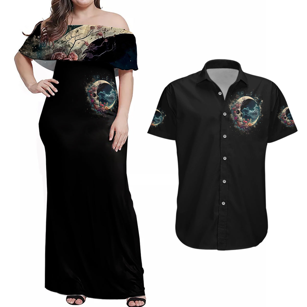 Moon Skull Couples Matching Off Shoulder Maxi Dress and Hawaiian Shirt Hello Darkness My Old Friend Moon - Wonder Print Shop