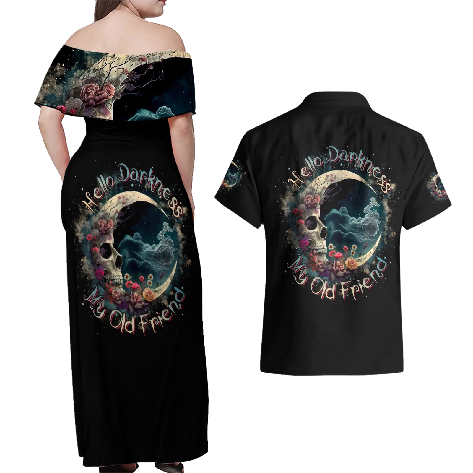 Moon Skull Couples Matching Off Shoulder Maxi Dress and Hawaiian Shirt Hello Darkness My Old Friend Moon - Wonder Print Shop