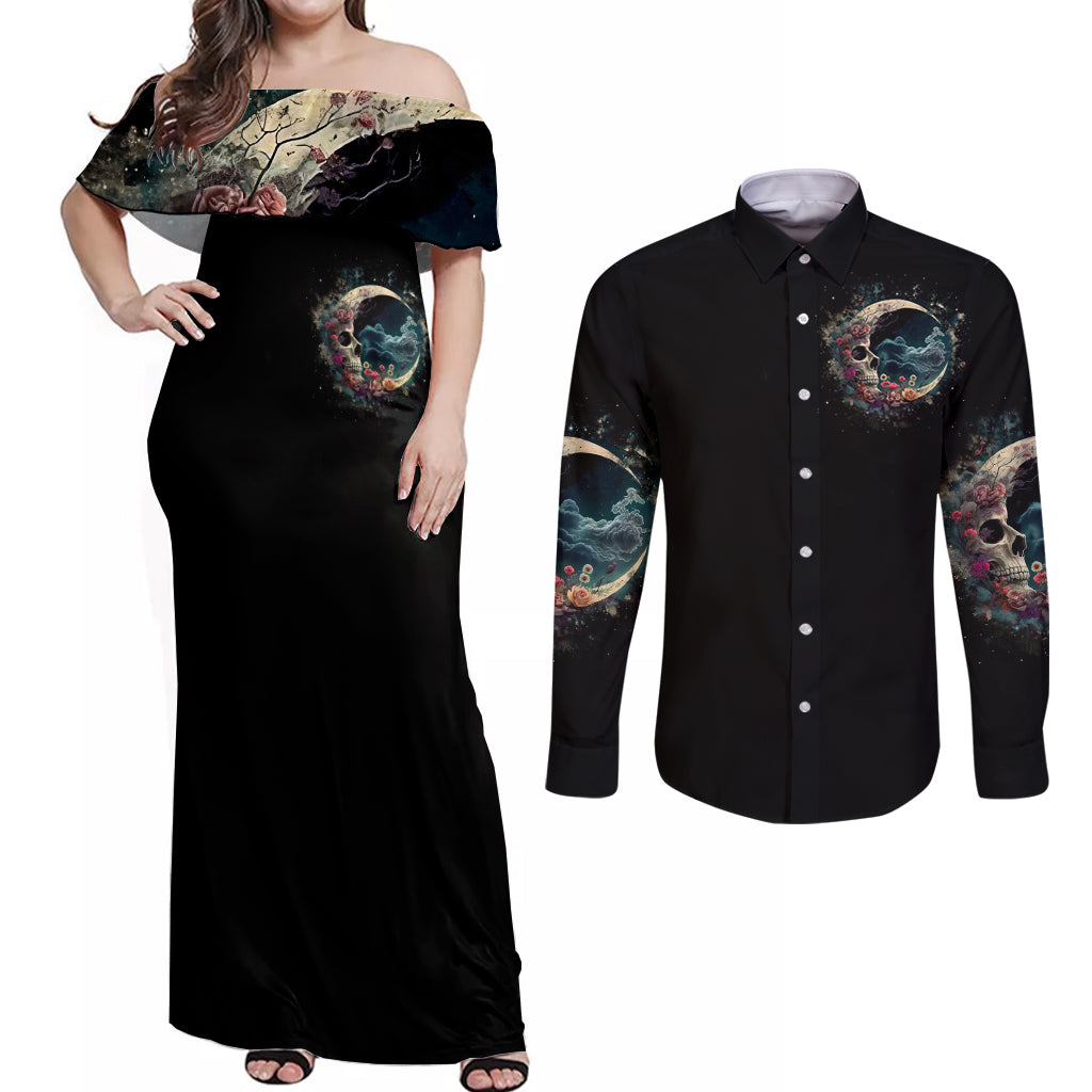 Moon Skull Couples Matching Off Shoulder Maxi Dress and Long Sleeve Button Shirts Hello Darkness My Old Friend Moon - Wonder Print Shop