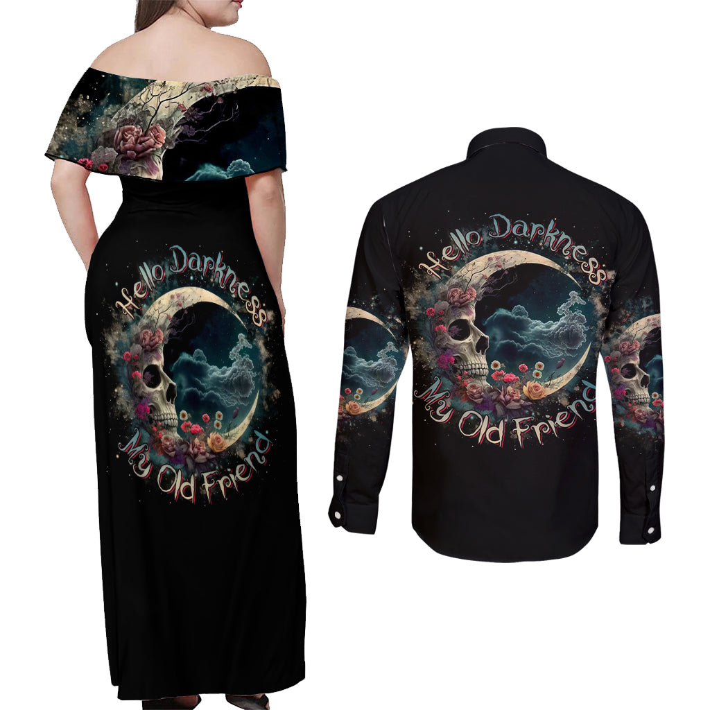 Moon Skull Couples Matching Off Shoulder Maxi Dress and Long Sleeve Button Shirts Hello Darkness My Old Friend Moon - Wonder Print Shop