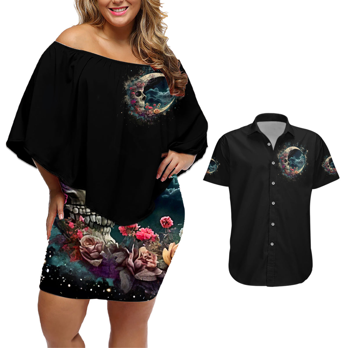 Moon Skull Couples Matching Off Shoulder Short Dress and Hawaiian Shirt Hello Darkness My Old Friend Moon - Wonder Print Shop