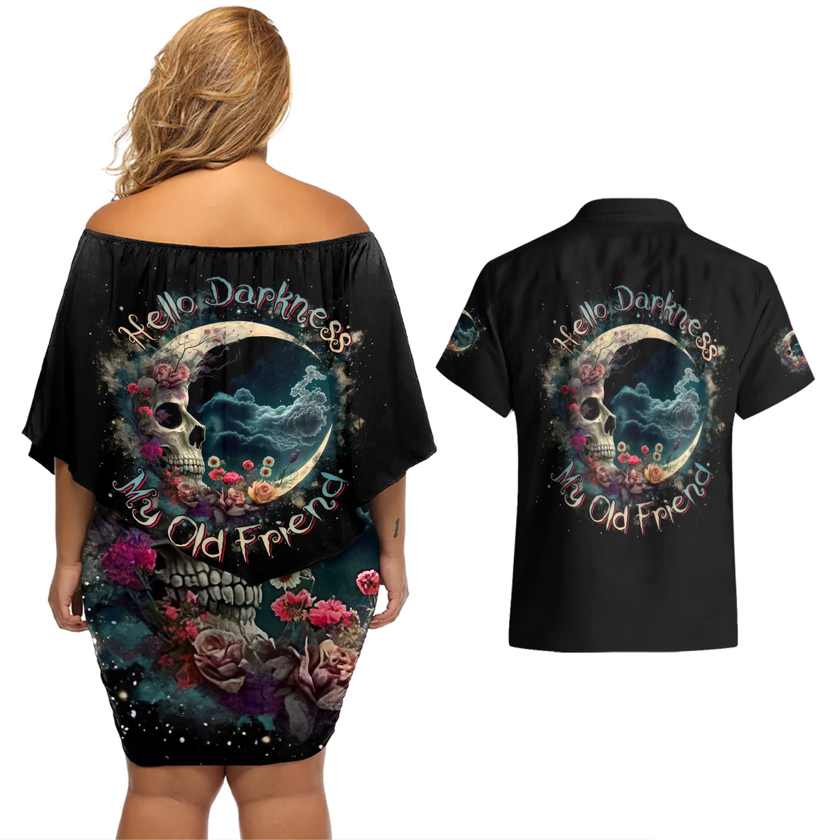 Moon Skull Couples Matching Off Shoulder Short Dress and Hawaiian Shirt Hello Darkness My Old Friend Moon - Wonder Print Shop