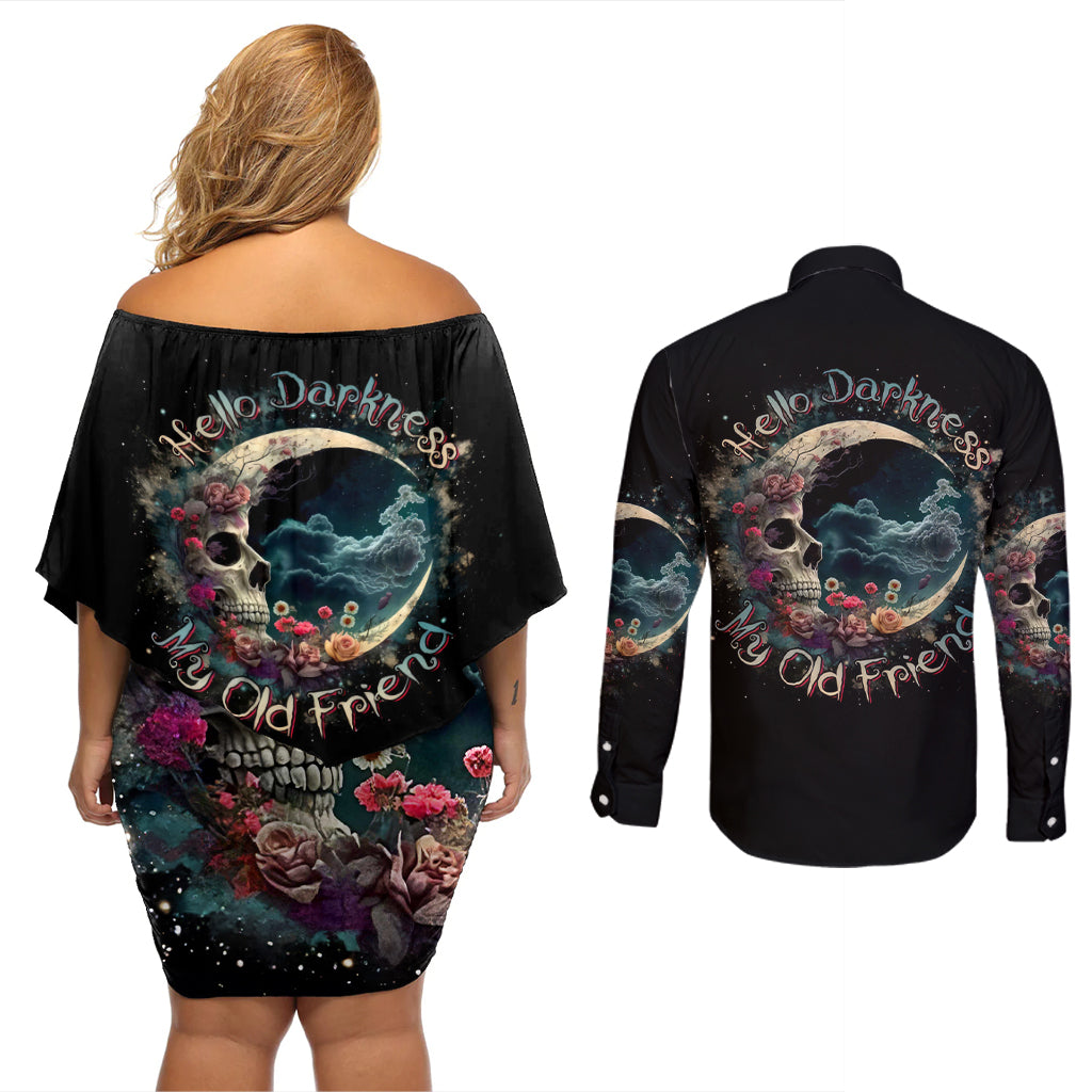 Moon Skull Couples Matching Off Shoulder Short Dress and Long Sleeve Button Shirts Hello Darkness My Old Friend Moon - Wonder Print Shop