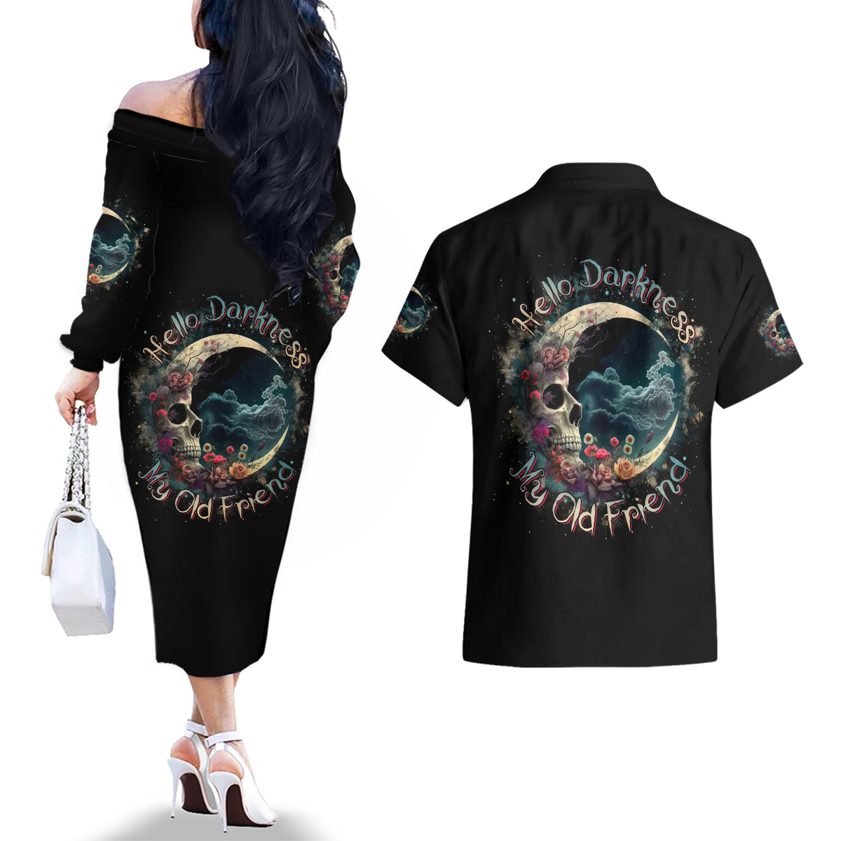 Moon Skull Couples Matching Off The Shoulder Long Sleeve Dress and Hawaiian Shirt Hello Darkness My Old Friend Moon - Wonder Print Shop