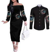 Moon Skull Couples Matching Off The Shoulder Long Sleeve Dress and Long Sleeve Button Shirts Hello Darkness My Old Friend Moon DT01